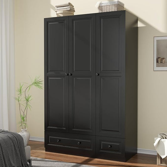 Armoire Wardrobe Closet with Drawers: 74" Bedroom Closet for Hanging Clothes, Black Wardrobes Closets with Doors, Modern Armoire Cabinet with Shelves (Black, 47")