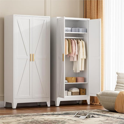 LCAOPC 71" Tall Metal Wardrobe Closet with Adjustable Shelves and Hanging Rod, 2 Doors Free Standing Armoire Wardrobe Cabinet for Bedroom, Office, Laundry Room, White