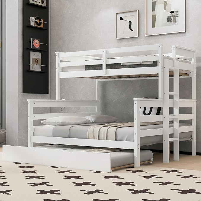 Merax Twin XL Over Queen Bunk Bed Wood Detachable Bunk Bed with Trundle & Ladder, Multifunction Bunk Bed with Full Length Gardrails, No Box Spring Needed,Space Saving,White