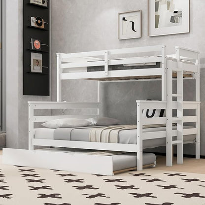 Merax Twin XL Over Queen Bunk Bed Wood Detachable Bunk Bed with Trundle & Ladder, Multifunction Bunk Bed with Full Length Gardrails, No Box Spring Needed,Space Saving,White