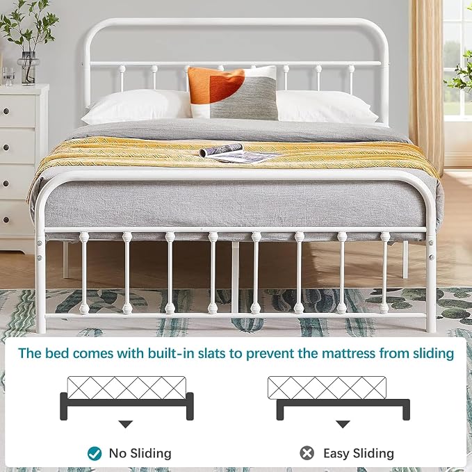 VECELO Classic White Victorian Style Metal Bed Frame with Headboard and Footboard Under Bed Storage No Box Spring Needed Strong Slat Suppor Bed Frame Full Size