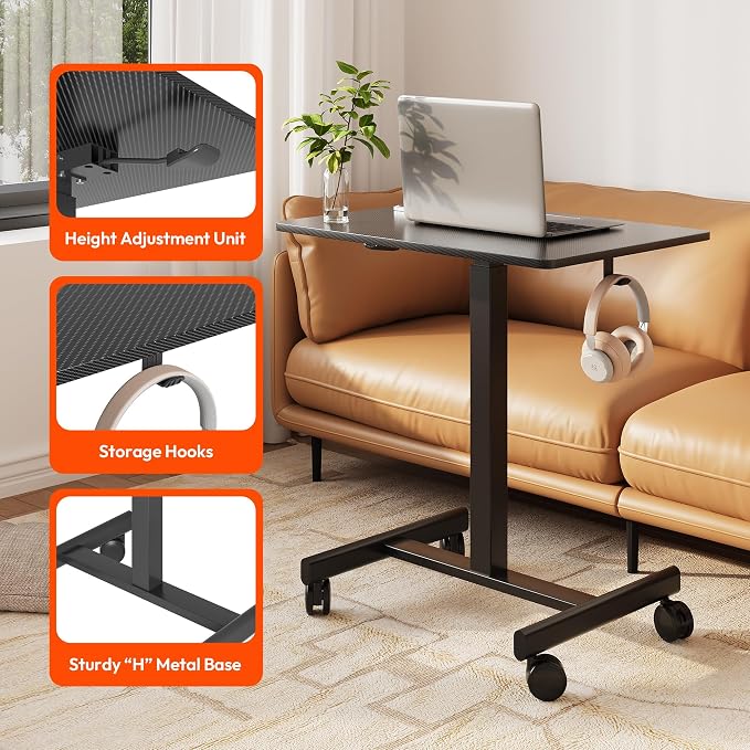 18.9 * 25.6 inch Mobile Standing Desk,T Shaped Pneumatic Adjustable Height Stand Up Desk,with Lockable Wheels,Ergonomic Standing Side Table for Home Office Work Workstation Carbon Fiber+Black
