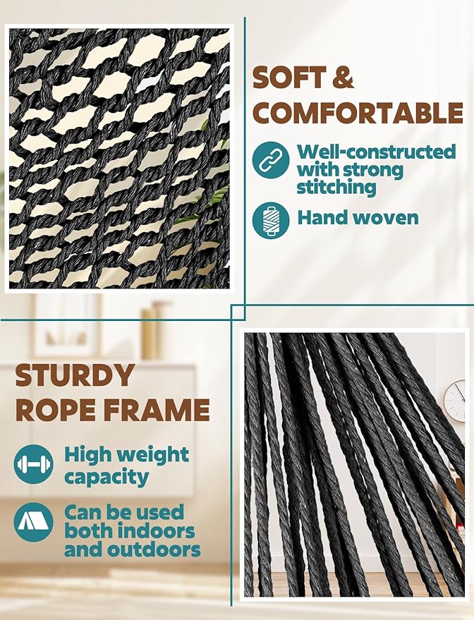 Chihee Hammock Chair Handmade Hanging Chair Cotton Rope Woven Hanging Seat Soft-Spun Large Stretch Hammock Swing, Collapsible Strong Metal Spreader Bar Elegant Macrame Comfort Indoor Outdoor Garden
