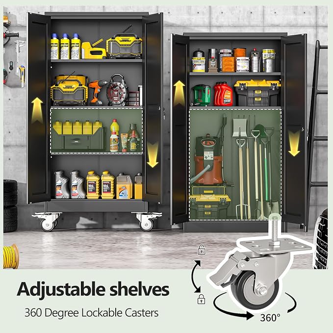 Metal Garage Storage Cabinet, 61”Tall Rolling Utility Cabinet Black | storage system with Wheels, Lock, 3 Adjustable Shelves, Heavy Duty Steel Tool Locker for Home Office, Utility Room, Gym
