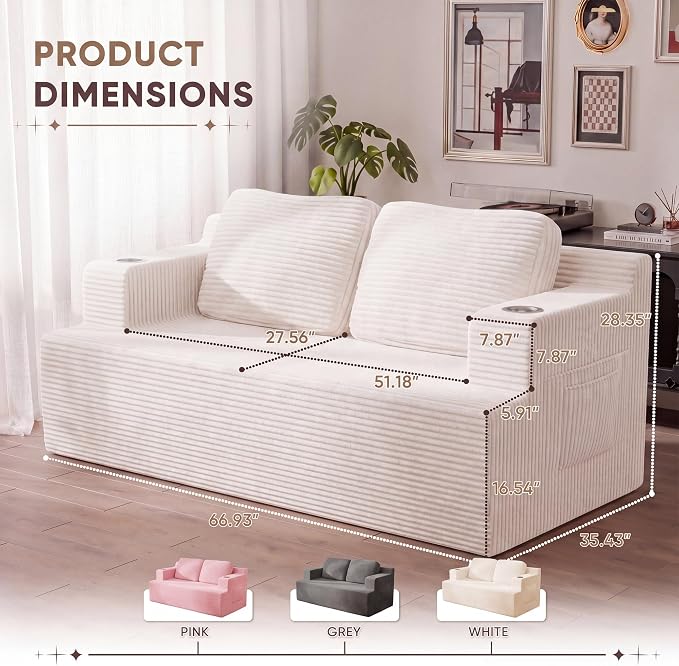 Homall 67” Cloud Couch Sofa 2 Seater Comfy Upholstered Loveseat Floor Sofa with High Density Memory Foam, No Assembly Required, Boneless Couch for Bedroom Living Room (White, Loveseat)
