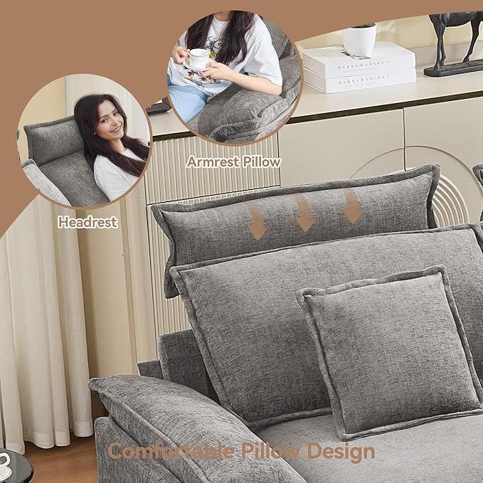 72'' Cloud Modern Loveseat Couch with Detachable Headrest, Modular Sectional Sofa Couch Deep Love Seat, Oversized 2 Seater Chenille Comfy Sofa with Armrests for Living Room, Light Grey
