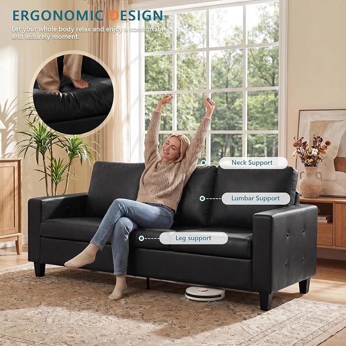 STHOUYN 73” Black Faux Leather Sofa Couch, Modern Comfy Office 3 Seater Couch Loveseat with Tufted Armrest and USB, Small Love Seat Couches for Living Room, Bedroom, Apartment