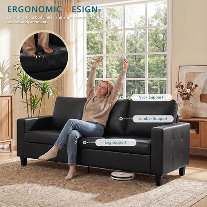 STHOUYN 73” Black Faux Leather Sofa Couch, Modern Comfy Office 3 Seater Couch Loveseat with Tufted Armrest and USB, Small Love Seat Couches for Living Room, Bedroom, Apartment