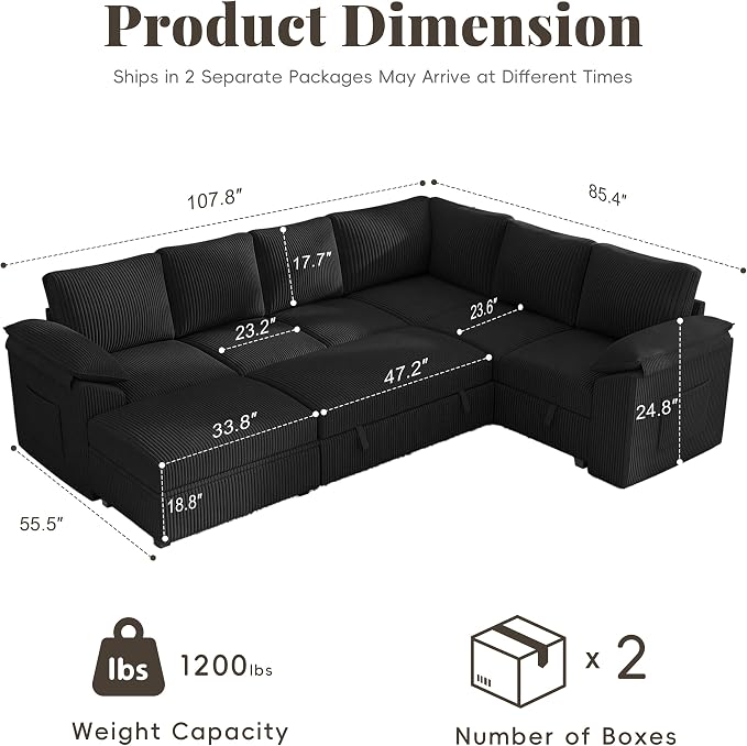108 Inch Sectional Sleeper Sofa Bed with Pull Out Couch, U Shaped 7 Seat Cloud Modular Sectional Sofa with Storage, Corduroy Sectional Couches for Living Room, Removable Sofa Cover, Black