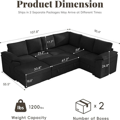 108 Inch Sectional Sleeper Sofa Bed with Pull Out Couch, U Shaped 7 Seat Cloud Modular Sectional Sofa with Storage, Corduroy Sectional Couches for Living Room, Removable Sofa Cover, Black