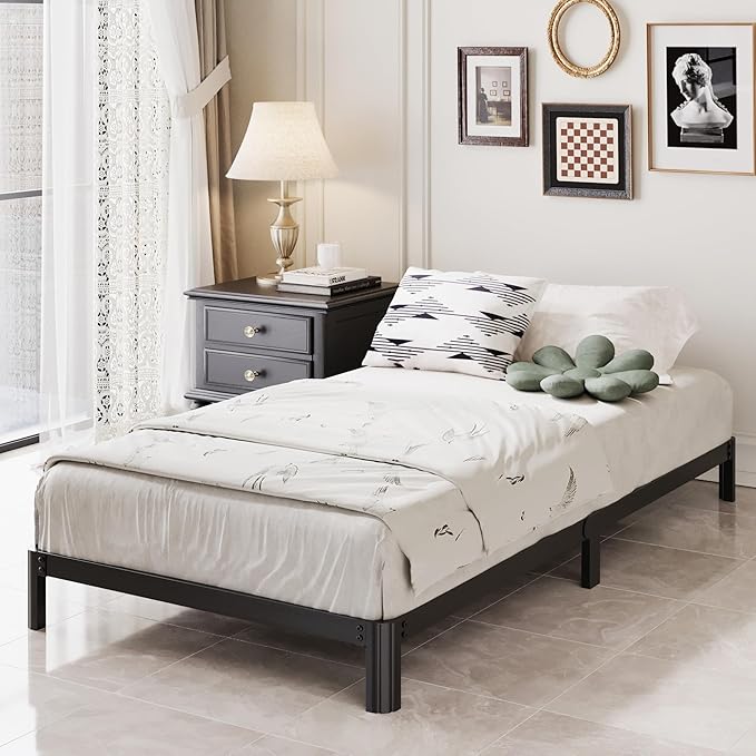 Lutown-Teen 7 Inch Low Twin Bed Frames with Rounded Corner Legs, 1000 LBS Heavy Duty Metal Slats Support Twin Platform Bed Frame No Box Spring Needed, Easy Assembly