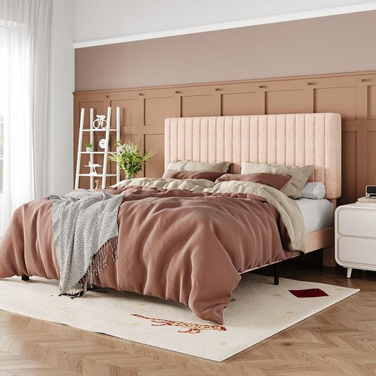 Allewie Full Bed Frame, Upholstered Platform Bed with Adjustable Vertical Channel Tufted Headboard, Mattress Foundation with Strong Wooden Slats, Box Spring Optional, Easy Assembly, Chenille Pink
