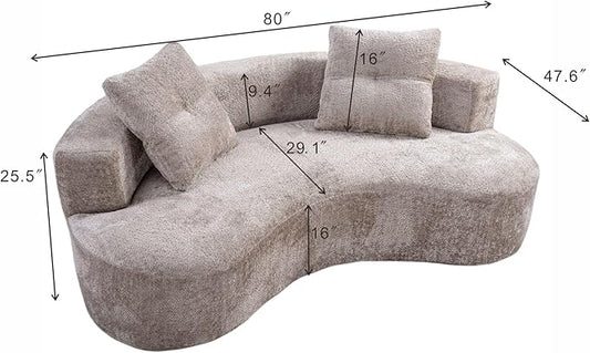 KEIKI 80" Boucle Curved Modular Boneless Sofa with 2 Pillows, Upholstered Modern Style 3-Seater Couch with High Resilience Cushion, No Assembly Required, for Apartment, Living Room, Office, Camel
