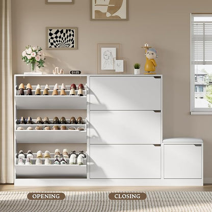 BORNOON Shoe Cabinet with Bench and 3 Flip Drawers, Slim Narrow Shoe Storage Cabinet, Freestanding Shoe Rack Organizer with Adjustable & Removable Shelves, Anti-Tip for Entryway, Hallway, Foyer