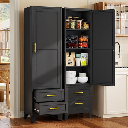 Tall Metal Narrow Storage Cabinet 67" H with 2 Drawer, Black Pantry Cabinets with 2 Adjustable Shelves and Door,Tall Bathroom Cabinet for Kitchen, Home Office, Living Room, Dining Room