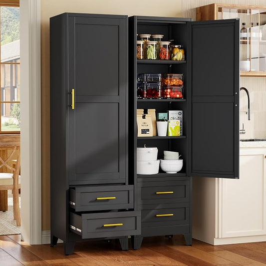 Tall Metal Narrow Storage Cabinet 67" H with 2 Drawer, Black Pantry Cabinets with 2 Adjustable Shelves and Door,Tall Bathroom Cabinet for Kitchen, Home Office, Living Room, Dining Room