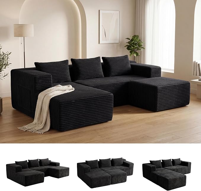 Modular Sectional U-Shaped Sofa with Deep Seat, Modern Boneless Comfy Corduroy Fluffy Couch with Side Pockets and Anti-Slip & Floor-Friendly Bottom for Living Room, No Assembly, Black