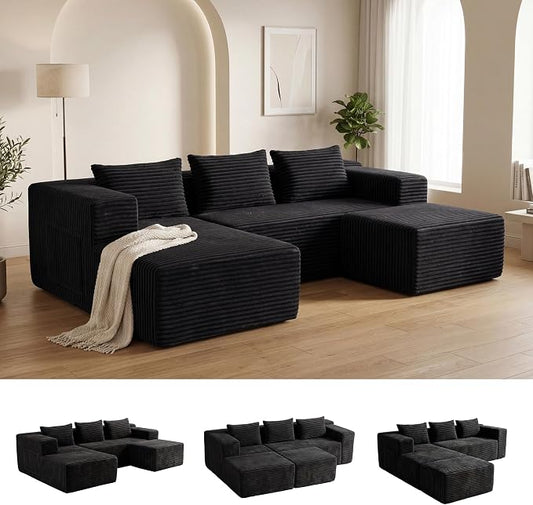 Modular Sectional U-Shaped Sofa with Deep Seat, Modern Boneless Comfy Corduroy Fluffy Couch with Side Pockets and Anti-Slip & Floor-Friendly Bottom for Living Room, No Assembly, Black