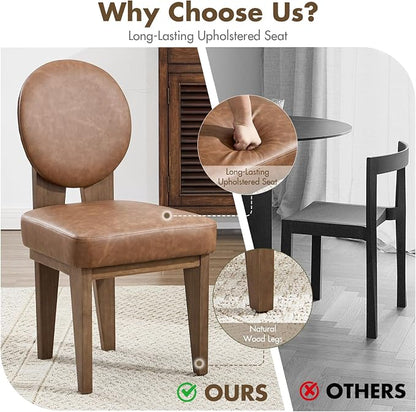 Hyfirm Mid-Century Modern Walnut Dining Chairs Set of 6, Vintage Brown Leather Wooden Kitchen Chairs, Retro Upholstered PU Cushioned Seat with Curved Backrest, Armless Accent Side Chair for Bedroom
