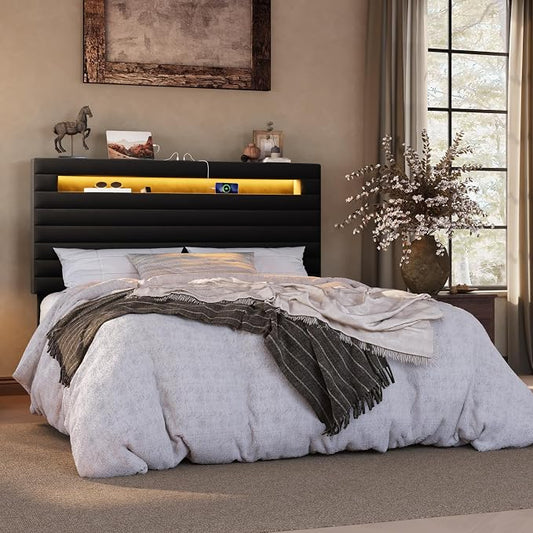 SHA CERLIN Full Bed Frame with LED Light & 2-Tier Storage Shelf, Velvet Upholstered Adjustable Headboard with Charing Station, Horizontal Channel Tufted, No Box Spring Needed, Easy Assembly, Black