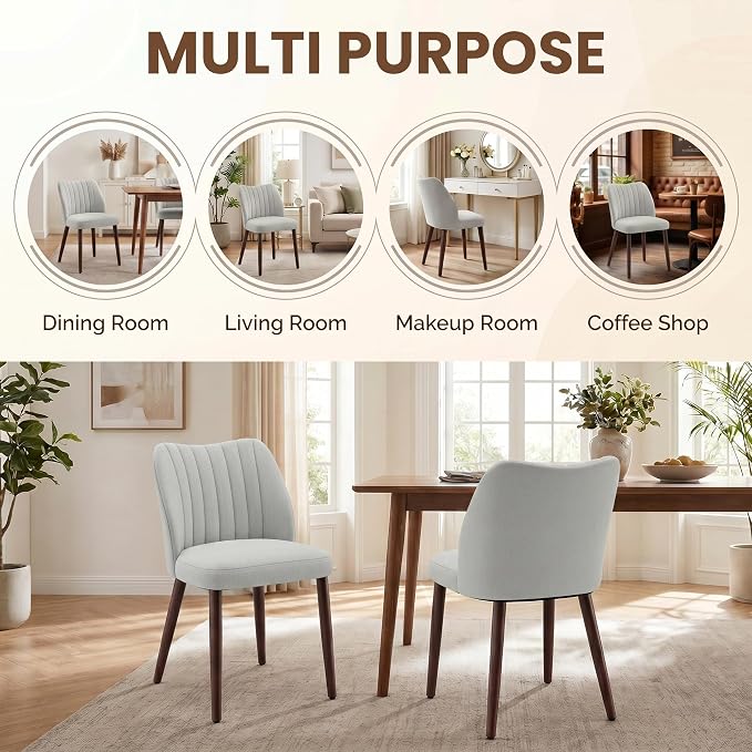 Upholstered Dining Chairs Set of 6, Modern Fabric Dining Chairs with Curved Backrest & Solid Rubber Wood Legs, Padded Kitchen Dining Room Chairs for Restaurant Cafe, Light Grey