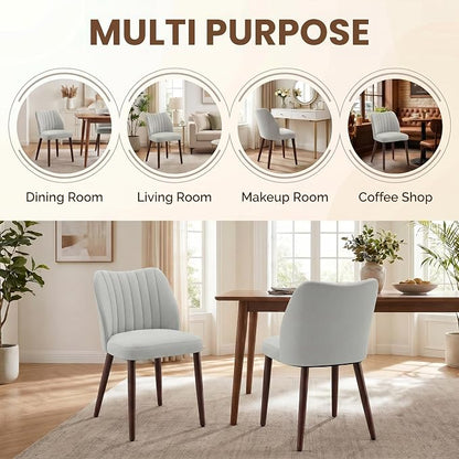 Upholstered Dining Chairs Set of 2, Modern Fabric Dining Chairs with Curved Backrest & Solid Rubber Wood Legs, Padded Kitchen Dining Room Chairs for Restaurant Cafe, Light Grey