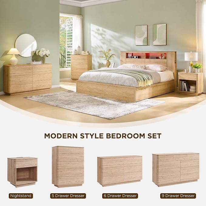 JXQTLINGMU 6 Drawer Dresser for Bedroom, 52" Wide Modern Wood Dressers with Push-to-Open Drawers for Closet Storage, Chest of Drawers TV Stand for Living Room & Hallway, Curved Profile, Natural Oak