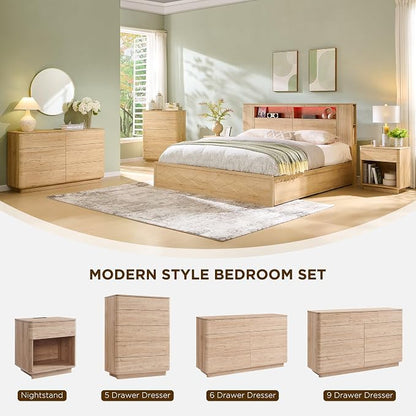 JXQTLINGMU 6 Drawer Dresser for Bedroom, 52" Wide Modern Wood Dressers with Push-to-Open Drawers for Closet Storage, Chest of Drawers TV Stand for Living Room & Hallway, Curved Profile, Natural Oak