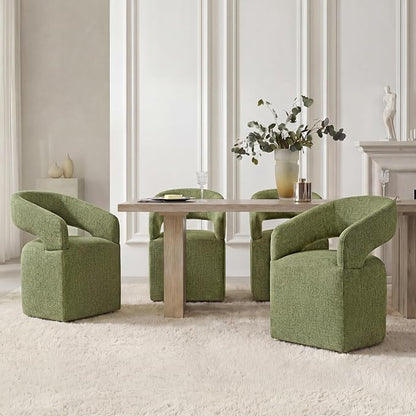 KISLOT Upholstered Dining Chairs Set of 1, Modern Arm Kitchen & Dining Room Chairs with Hidden Casters, Linen Fabric Padded Rolling Chairs, Sturdy Wood Frame, 300 lbs Capacity, Moss Green