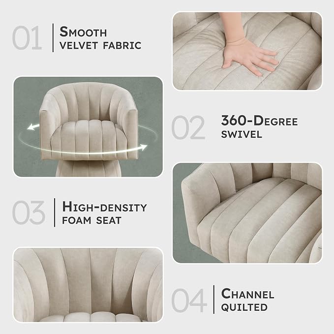 Lexicon Modern Swivel Accent Chair, Velvet Fabric Upholstered Swivel Lounge Chair with Rounded Base and Channel Stitching for Living Room/Bedroom/Office, Easy Assembly, Taupe