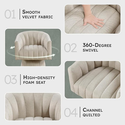 Lexicon Modern Swivel Accent Chair, Velvet Fabric Upholstered Swivel Lounge Chair with Rounded Base and Channel Stitching for Living Room/Bedroom/Office, Easy Assembly, Taupe