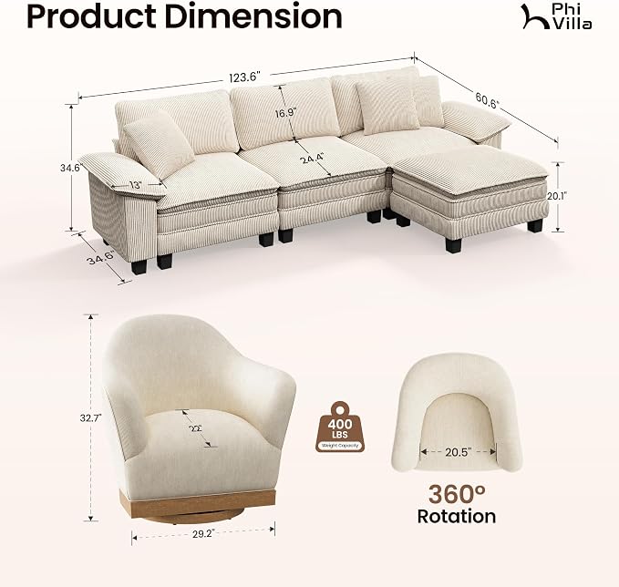 PHI VILLA Cloud Modular Couch Sets with Swivel Accent Chair, 123.6" Sectional Sofa with L-Shaped Chaise, 4-Seater Upholstered Couches with Movable Ottoman for Living Room, Corduroy Fabric, Beige