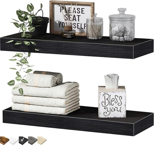 QEEIG Bathroom Floating Shelves for Wall - 15.7" Wall Mounted Shelf Over Toilet Farmhouse Home Decor Display Bookshelf Small 15.7 x 6.7 inch Set of 2, Black (008-40B)