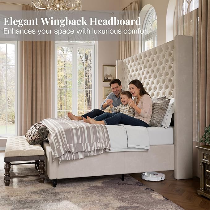 Jocisland King Size Bed Frame with 65" Tall Headboard, Upholstered Wingback Platform Design, Handcrafted Pleats & Deep Button Tufted, Solid Wood Legs, No Box Spring Needed, Cream