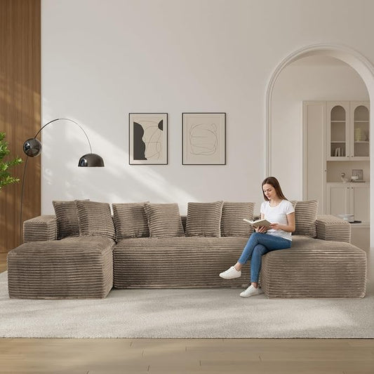 131" Oversized U Shaped Cloud Sectional Couches for Living Room, Comfy Fluffy Corduroy Brown Boneless Sectionals Couch, Plush Memory Foam Modular Sectional Sofa with Chaise- 19" Seat Height