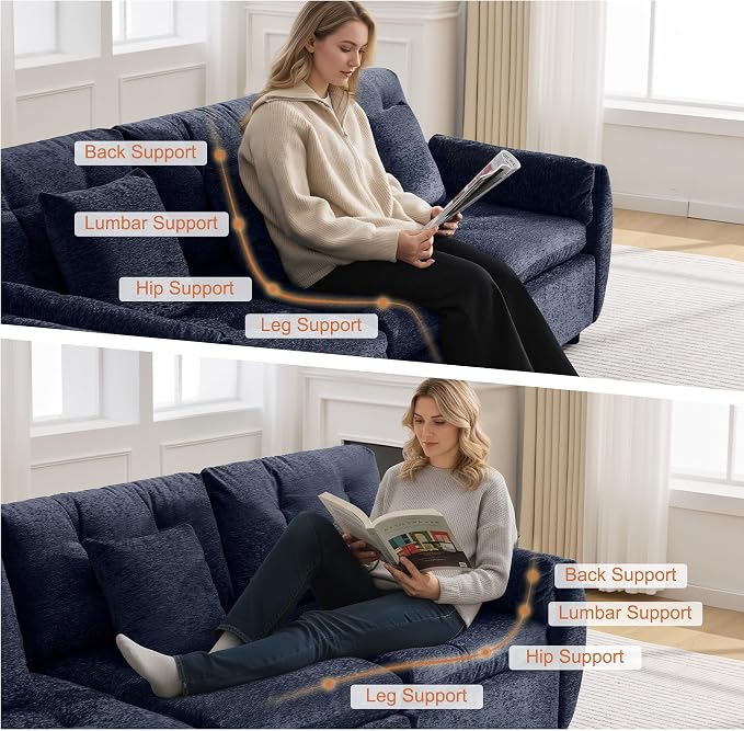 112" U Shaped Modular Sectional Cloud Sofa with 2 Ottomans, Oversized Deep Seat Tufted Chenille 6-Seater Couch with Curved Arms, Upholstered Sofas for Living Room, Blue