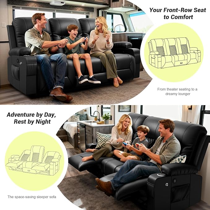 RV Loveseat Recliner Sofa, 3 Seater Reclining Sofa with Flip Back Console, Modern Reclining Couch with USB Ports, Cup Holders, Insert Pockets, RV Recliners for Travel Trailers & Living Room