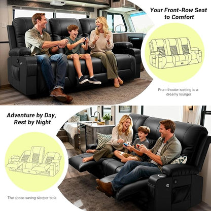 RV Loveseat Recliner Sofa, 3 Seater Reclining Sofa with Flip Back Console, Modern Reclining Couch with USB Ports, Cup Holders, Insert Pockets, RV Recliners for Travel Trailers & Living Room