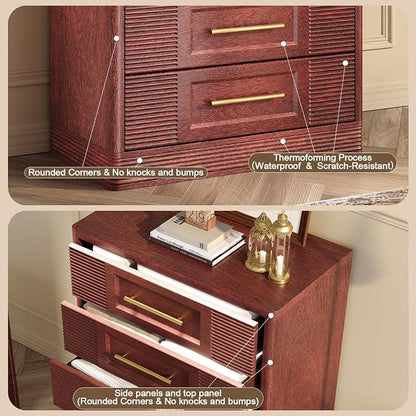 RECHHX Farmhouse 5 Drawers Dresser for Bedroom, 44" Tall Modern Chest of Drawers, Wooden Thermoformed Curved Dresser Organizer for Bedroom, Living Room, Walnut Cherry