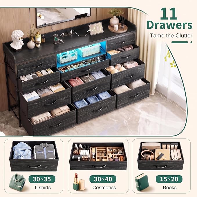 Bepatio LED Dresser for Bedroom with 11 Drawers,Power Strip,4 Hooks,Black | Stylish Dressers & Chests of Drawers with 2 Wood Storage Shelves, TV Stand for 50/55/60 Inch TVs, Sturdy Metal Frame