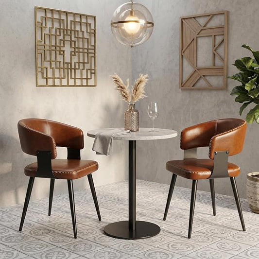Dining Chairs Set of 2, Modern Upholstered Faux Leather Kitchen Chairs with Elegant Stitching, Easy to Assemble & Clean for Dining Room, Restaurant, Cafe, Vintage Brown