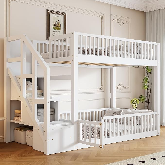 Twin Over Twin Floor Bunk Bed with Storage Ladder and Guardrails,for Kids Teens Adults (White#Ladder, Twin Over Twin)