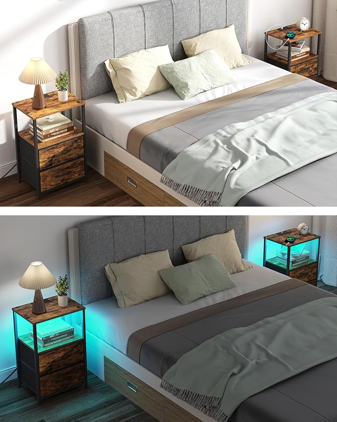 TUTOTAK LED End Table with Charging Station, Nightstand with Cloth Drawer, Side Table with 1 USB Port and 1 Type-C Port, Set of 2, Couch Table, Brown TB01BB052L