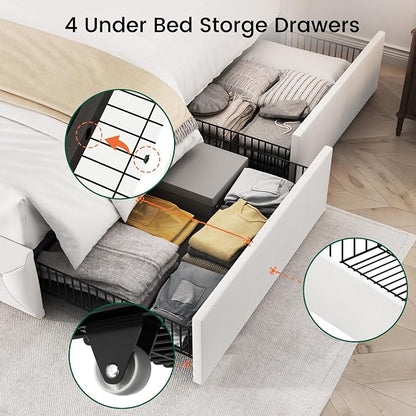 LARMACE Full Size Bed Frame with 4 Storage Drawers and 47.2" Tall Wingback Headboard Velvet Upholstered Platform Bed Frame Tufted Beds with Wooden Slats Support, Easy Assembly, White
