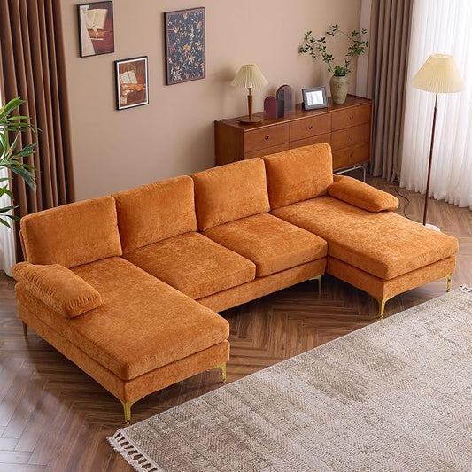 Karl home Convertible Sectional Sofa 110" U-Shape Sofa Couch 4-Seat Couch with Chaise ChenilleFabric Upholstered for Living Room, Apartment, Office, Orange