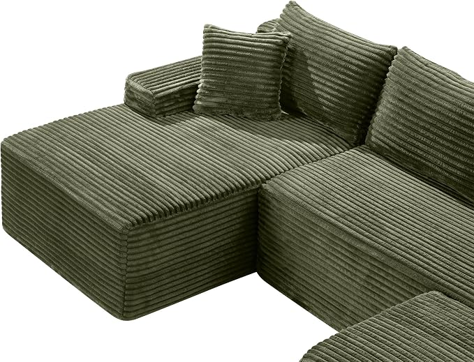 95-Inch U-Shaped Left Facing Corner Compressed Sofa Modular Sectional Boneless Cloud Sofa Floor Foam Couch W/Chaise Lounge & Ottoman, Corduroy Corner Boneless Cloud Couch