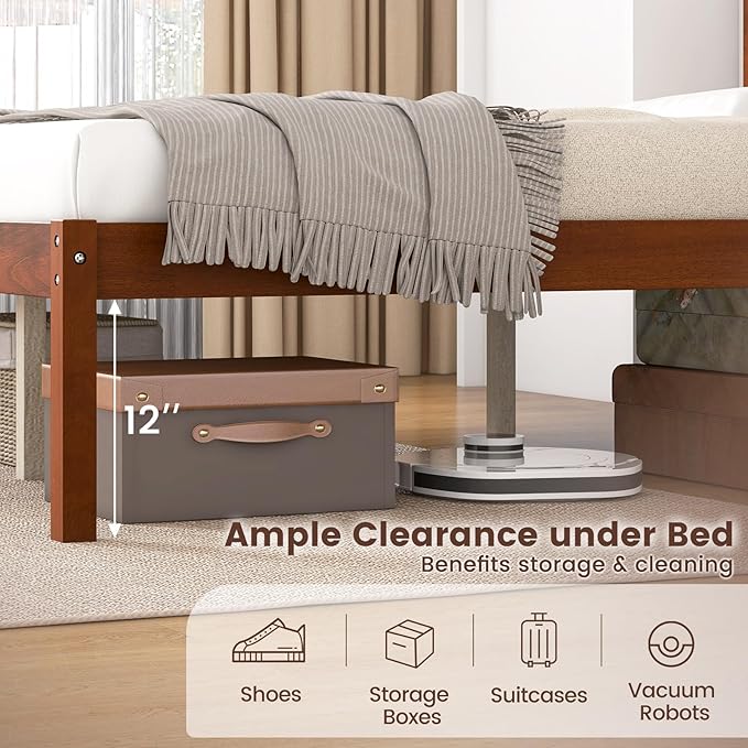 Giantex Full Size Wood Platform Bed with Headboard, Mid Century Solid Wood Full Bed with Slat Support, Double Bed Frame with 16" Under Bed Storage, No Box Spring Needed, Easy Assembly, Walnut