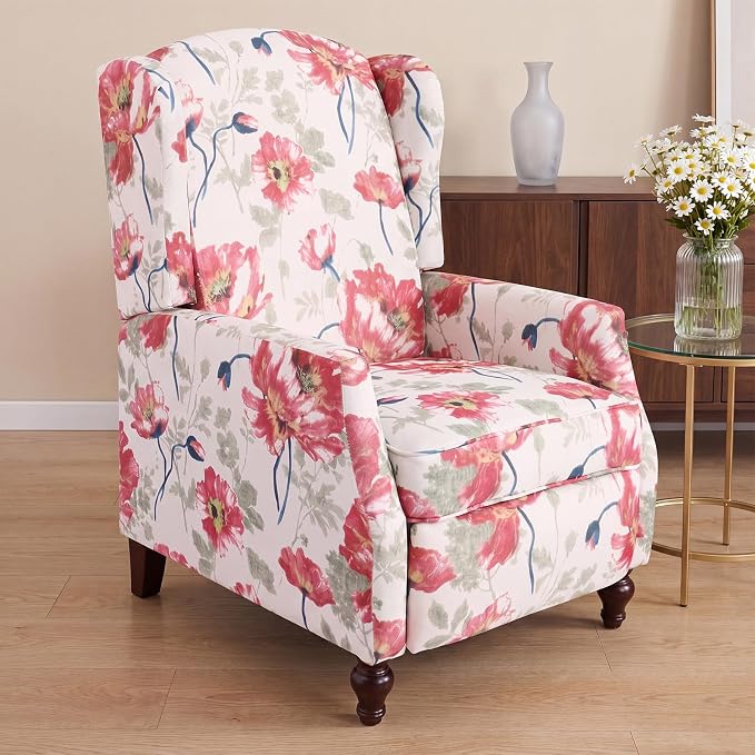Upholstered Wingback Recliner Chair, Mid Century Modern Manual Push Back Recliner for Living Room, Bedroom (1, Red Floral)