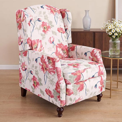 Upholstered Wingback Recliner Chair, Mid Century Modern Manual Push Back Recliner for Living Room, Bedroom (1, Red Floral)