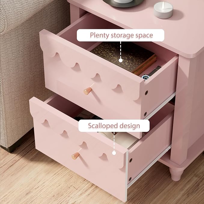 Anbuy Bedroom Sets Scalloped 6 Drawer Dresser and Night Stand Sets for Bedroom, Two Drawers Nightstand & 6 Drawer Dresser Combo 2 Pieces (Pink)